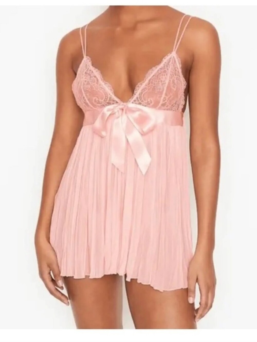 Victoria's Secret-Pastel Pink Lace Babydoll Pleated Nightgown-Size M